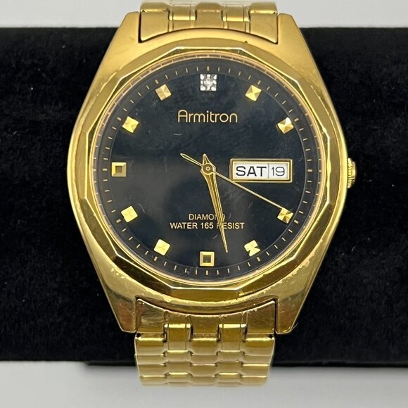 ARMITRON Gold and Black Diamond Mens Watch Working - Picture 5 of 6